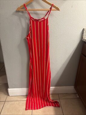 Discreet Red Striped Maxi Dress